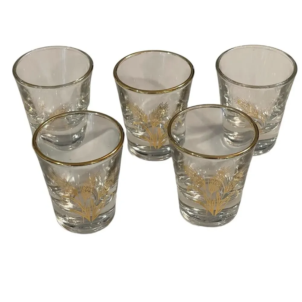 Vintage MCM Shot Glasses Set of 6 Anchor Hocking and Libbey Clear & Gold Wheat